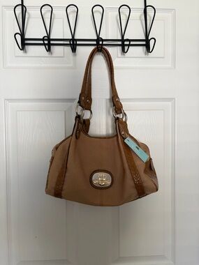 Cognac Brown Leather Shoulder Bag with Crown Emblem